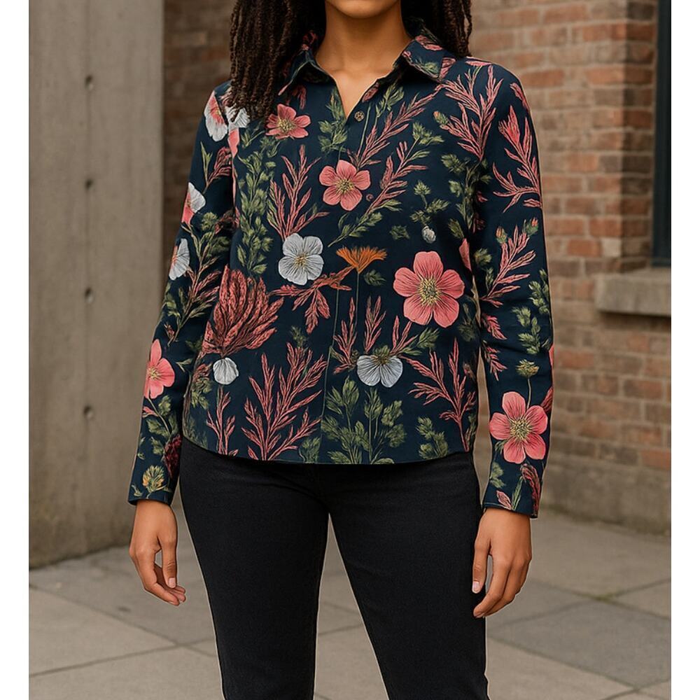 Floral Tropical Blouse Womens SIze 2 Black Background